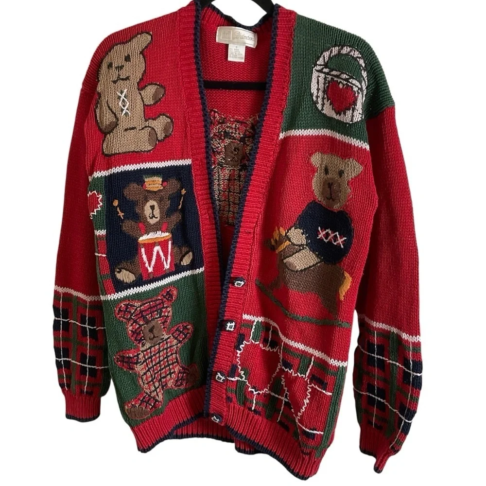 ID Distinction teddy bear and holiday motifs cardigan size small vintage 80’